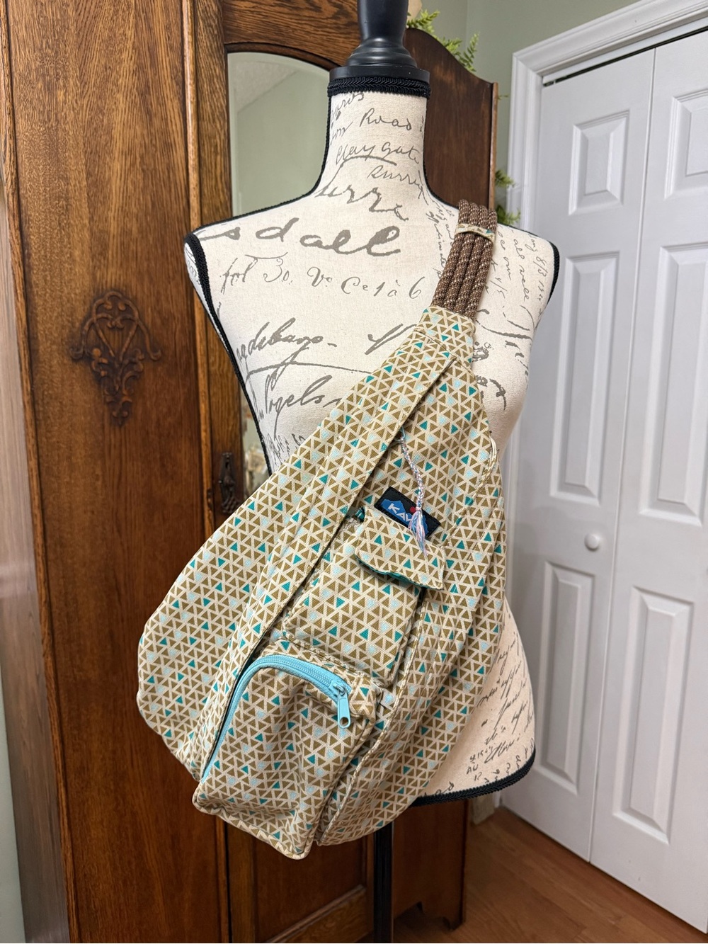Kavu Beige Geometric Crossbody Sling Bag with Teal Accents